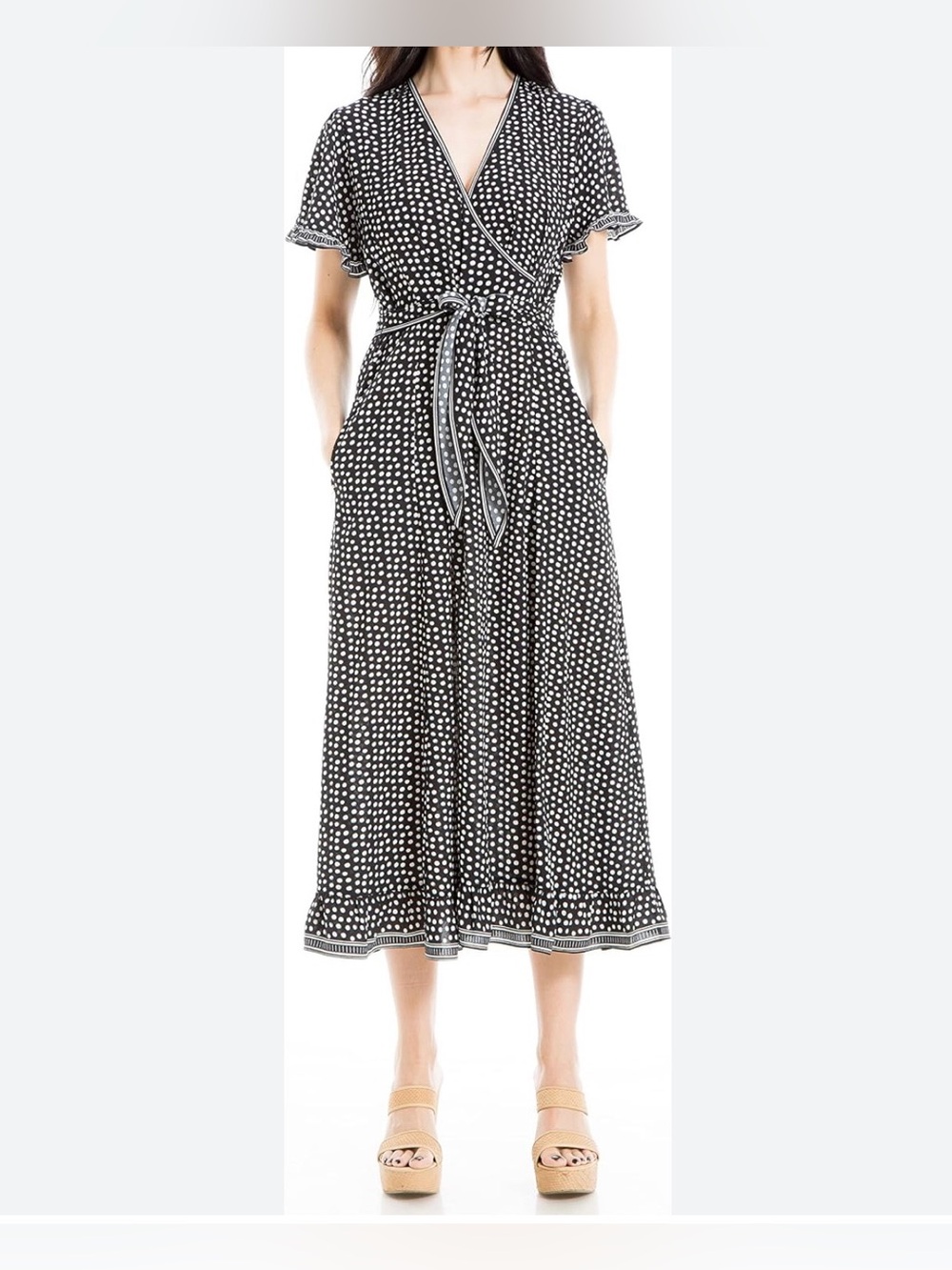 Max Studio Black and White Polka Dot Wrap Midi Dress